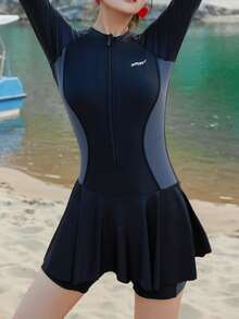 女士全身长袖连体泳衣，防晒，尼龙和氨纶，可拆卸胸垫，适合夏季海滩度假 - 黑色 - 查看 7