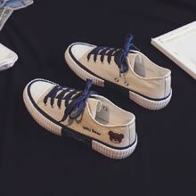 2023年新款女款韓風低幫帆布鞋,熊貓印花設計,休閒校園風格,米白色硫化鞋