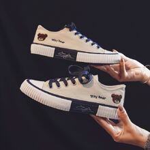 2023年新款女款韓風低幫帆布鞋,熊貓印花設計,休閒校園風格,米白色硫化鞋