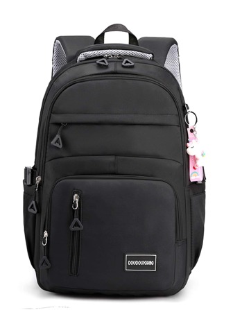 Sac à dos grande capacité avec sangles d'épaule doubles, décoré de patchs alphabet et accessoire pendentif. Sac d'école pour adolescentes, femmes étudiantes, garçons et hommes. Adapté pour le collège, le lycée, les activités extérieures, les voyages, la rentrée scolaire, les fournitures scolaires. Avec compartiment pour ordinateur portable. Parfait pour les adolescentes, les femmes étudiantes, les garçons, les hommes, les débutants et les cadres. Idéal pour la rentrée scolaire, le collège, le lycée, le travail, les affaires, les trajets, les activités extérieures, les voyages, le style de rue et japonais pour les femmes.