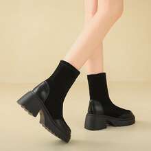 Ladies' Minimalist Style Black Slip-On Thick-Soled Short Boots - Black - View 5