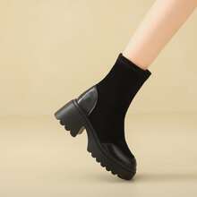 Ladies' Minimalist Style Black Slip-On Thick-Soled Short Boots - Black - View 4