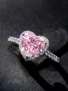1 PC Romantic Pink Heart Cubic Zirconia Ring For Women For Valentine's Day Gift Wedding Engagement Anniversary Party Jewelry,Mom,Mother,Mother's Day,Gift