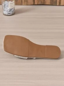 Sandalias Planas Cómodas Para Mujer Con Decoración De Estrás, Diseño De Punta Cuadrada Y Abierta, Adecuadas Para Exteriores, Viajes Y Vacaciones, Zapatillas Plateadas Brillantes - Plateado - Ver 7