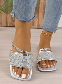 Sandalias Planas Cómodas Para Mujer Con Decoración De Estrás, Diseño De Punta Cuadrada Y Abierta, Adecuadas Para Exteriores, Viajes Y Vacaciones, Zapatillas Plateadas Brillantes - Plateado - Ver 4