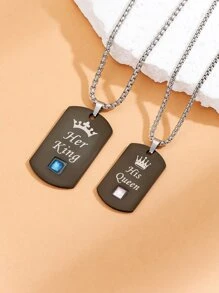 ATLVXJL 2 pièces/Ensemble Couronne de couple Zircone Brillent dans le Sombre Lettre SON ROI ET SA REINE Collier Pendentif Chaîne en Acier Inoxydable Cadeau de la Saint-Valentin