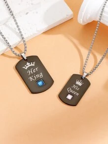 ATLVXJL 2 pièces/Ensemble Couronne de couple Zircone Brillent dans le Sombre Lettre SON ROI ET SA REINE Collier Pendentif Chaîne en Acier Inoxydable Cadeau de la Saint-Valentin