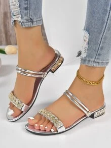 女性水鑽閃閃發光涼拖帶低跟,防滑,夏天時尚優雅仙女風格適用於穿著外部購物或者玩 - 銀色 - 查看 5