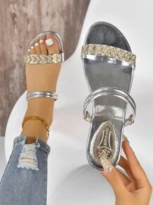 女性水鑽閃閃發光涼拖帶低跟,防滑,夏天時尚優雅仙女風格適用於穿著外部購物或者玩 - 銀色 - 查看 1