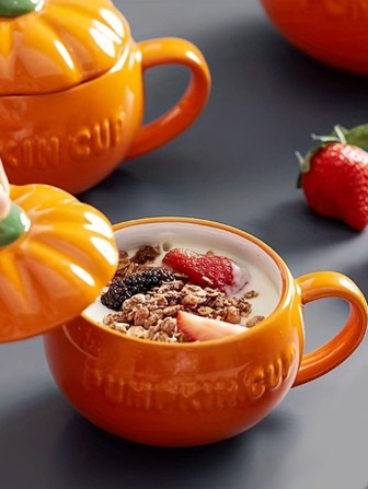 1 taza de cerámica con forma de calabaza, taza de sopa con tapa en forma de planta Kawaii, taza de avena, taza de agua creativa, taza de leche aislada, bonito regalo, cuchara no incluida