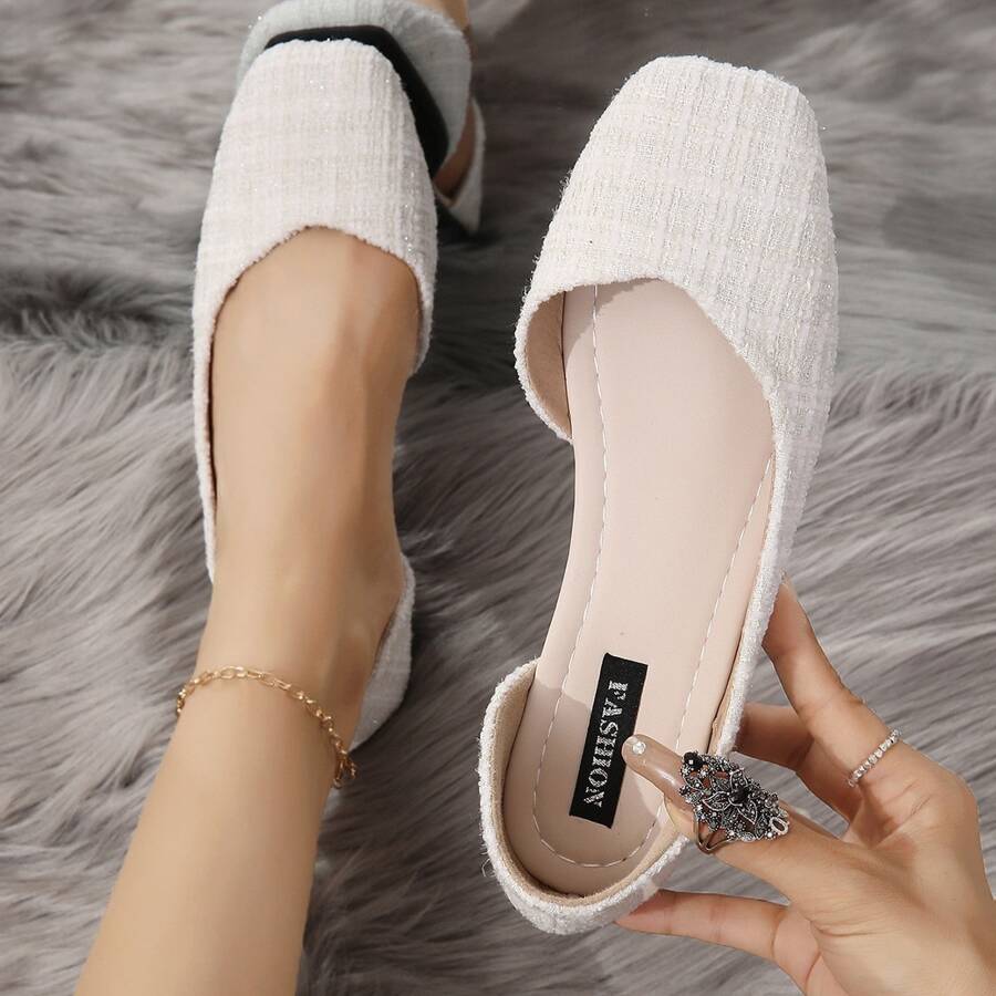 Women's Fashionable Square Toe Flat Shoes - Beige - View 1