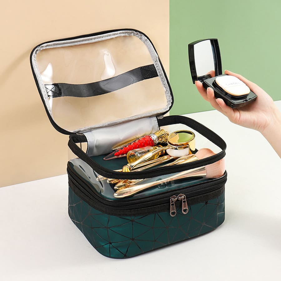 Multipurpose Transparent Waterproof Double Layer Toiletry Bag For Travel, Portable Pvc Cosmetic Storage Bag For Bathroom - Green - View 1