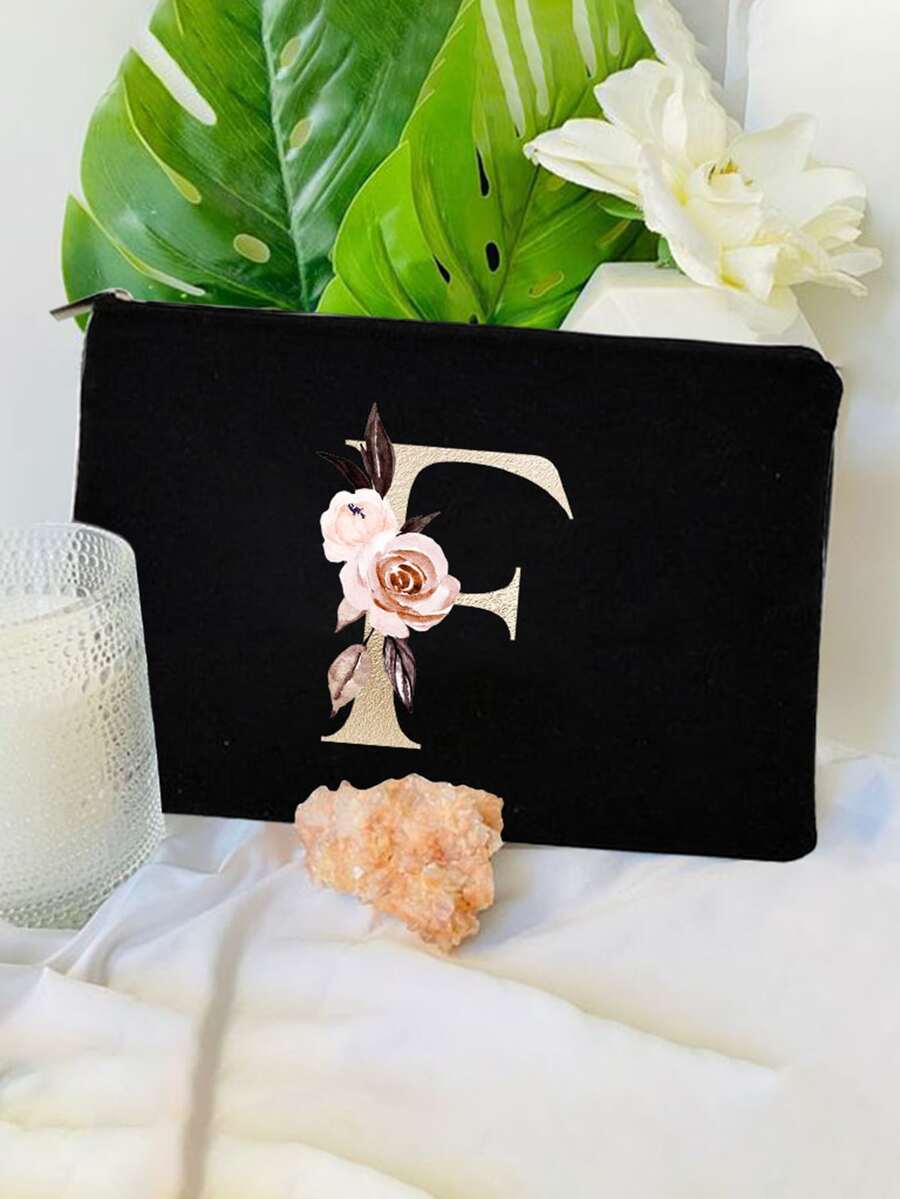 隨機拉鍊方向的便攜式圖案化妝包,簡單拉鍊化妝包,多功能化妝包,老師禮物最棒的老師化妝包,老師感謝禮物,女生生日禮物口紅包 - 黑色 - 查看 1