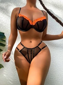 Của phụ nữ Nội y sexy Bộ Bao gồm Nếp uốn Không vòng thép Và Xu hướng: Cắt giảm Lưới Quần lót không đường may - màu đen - Xem 1