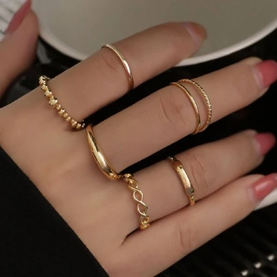 Set de 6 anillos de uso diario para mujer de estilo europeo y americano, con diseño retorcido de doble capa y personalizado de lujo