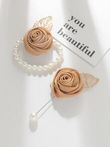 1入組玫瑰花蕾&鋅合金胸花和1入組玫瑰花蕾&鋅合金手花套裝,適用於婚禮派對 - 金色 - 查看 2