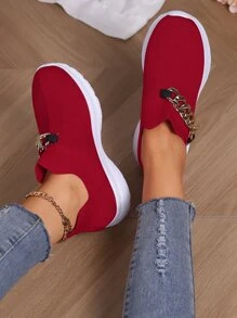 Women's Red Breathable Sneakers With Chain Detail - Red - View 6