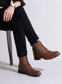 SHOESMALL Men's Fashionable High Top Work Boots Motorcycle Combat Ankle Dress Boots Casual Boots For Men Valentine's Day Date Shoes - BMY678A-深棕色 - 查看 2