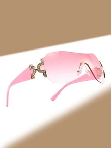 一体式 Y2K 心形装饰金属框架时尚眼镜，经典适合户外、旅行、海滩、休闲、日常穿着、夏季 - 粉色 - 查看 2