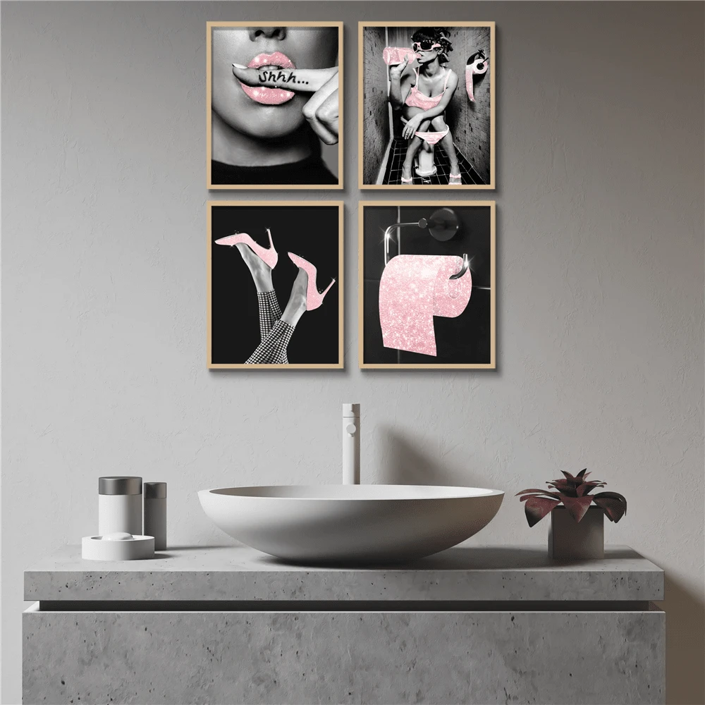 6pcs Frameless PinkFashion Wall Art Bathroom Decor Prints Set of 6 Pink