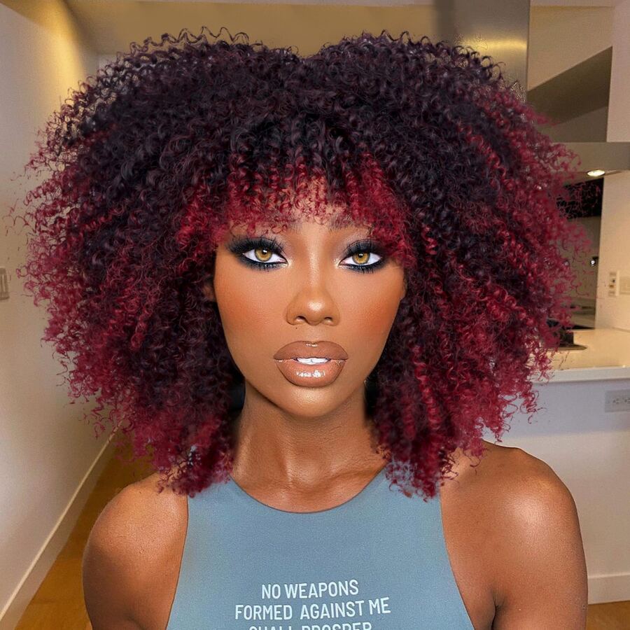 Ombre Đen Và Đỏ LỖI Ngắn Kinky Tóc Xoăn Sợi Tổng Hợp Phi Tóc Giả Thời Trang Nữ Hàng Ngày Xu Hướng Glueless Bộ Tóc Giả Xoăn Với Nổ - Màu Đỏ Sâu - Xem 1