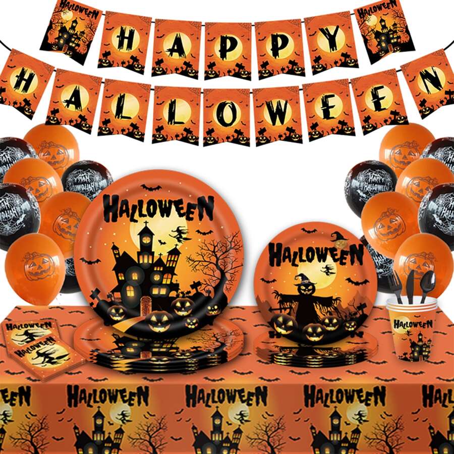 Bộ đồ ăn dùng một lần Halloween với thiết kế lâu đài, bí ngô, dơi - Bộ đồ ăn và dao kéo dùng một lần, Giáng sinh - Nhiều màu - Xem 1