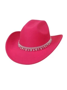 1 Pieza Sombrero Rosa De Vaquero De Fieltro De Lana Con Pedrería Para Hombre, Baile, Jazz, Playa Y Protección Solar - Rosa Fucsia - Ver 3