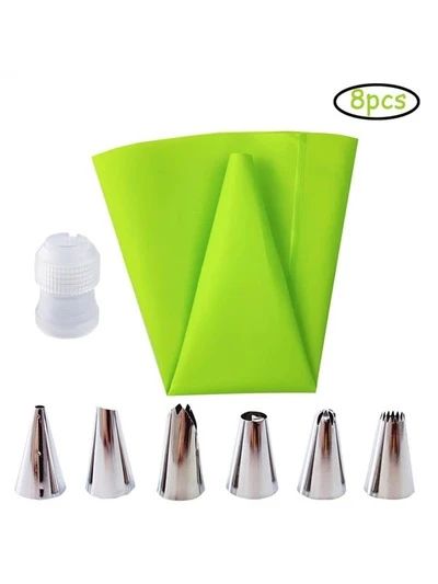 8Pcs Silicone Icing Piping Bag Set, Pastry Piping Bags Sets, Reusable Cream Pastry Bag And 6 Stainless Steel Nozzles, DIY Cake Decorating Supplies Kit(6Pcs Nozzle+1pc Pastry Bag+1pc White Converter)