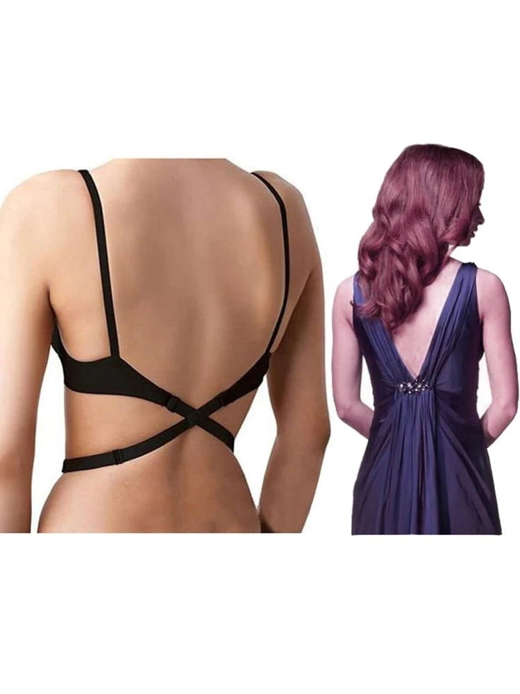 2Pcs Cinghie per reggiseno senza schienale da donna Cinghie regolabili Cinghie di ricambio per reggiseno a schiena bassa Scollo a V profondo Abito senza schienale Festa di nozze Nudo Nero