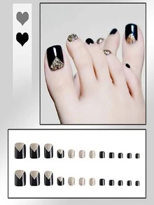 24 piezas Uñas de pies mejora su con este negro & brillo dorado falso , cobertura completa , adecuado para fiestas , baile , con uso diario - Negro - Ver 2