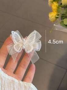 1pc/2pcs Set Elegant Lace White Butterfly Hair Clips With Pearl Fabric Bow - White - View 3