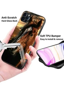 Coque de téléphone en verre transparent avec imprimé cheval brun, compatible avec iPhone/Samsung// Redmi/OPPO/OnePlus/Infinix
