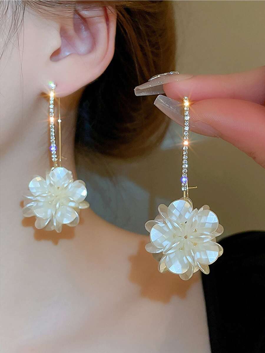 1 đôi bông tai dài hình hoa bằng acrylic trắng đính đá lấp lánh, phụ kiện tai cô dâu cho đám cưới, hẹn hò, trang sức thanh lịch. Phụ kiện ngày Valentine, mùa hè, trang sức. - trắng - Xem 1