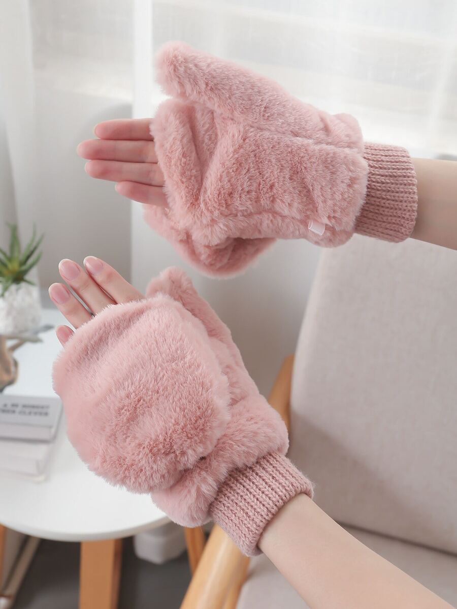 1 Cặp Găng tay hở ngón lật lông màu hồng cho nữ, lót ấm - Hồng - Xem 1