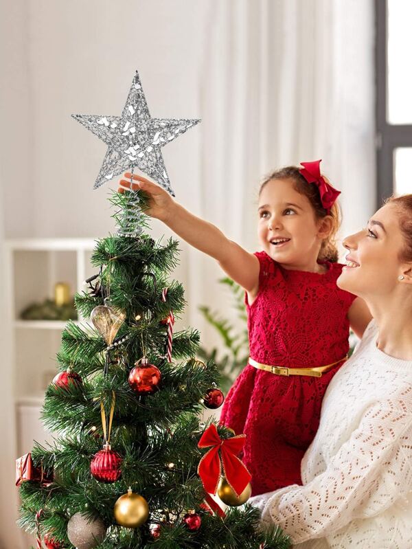 1buc sclipici argintiu stea cu cinci colțuri pentru brad de Crăciun, cu sclipici din fier pentru pom de Crăciun pentru decorarea casei de petrecere Cele mai bune cadouri