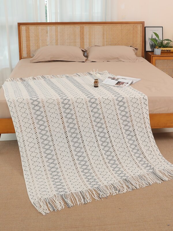 1pc Knitted Blanket With Wavy Stripes, Nordic Style Acrylic Rectangular Hollow Out Fringe Throw