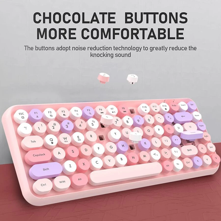 Wireless Bluetooth Keyboard Mini Portable 84-Key Keyboard Compatible With Android, Windows, PC, Tablet-Dark, Perfer For Home And Office Keyboards (Purple-Colorful) - 藕粉色 - 查看 1