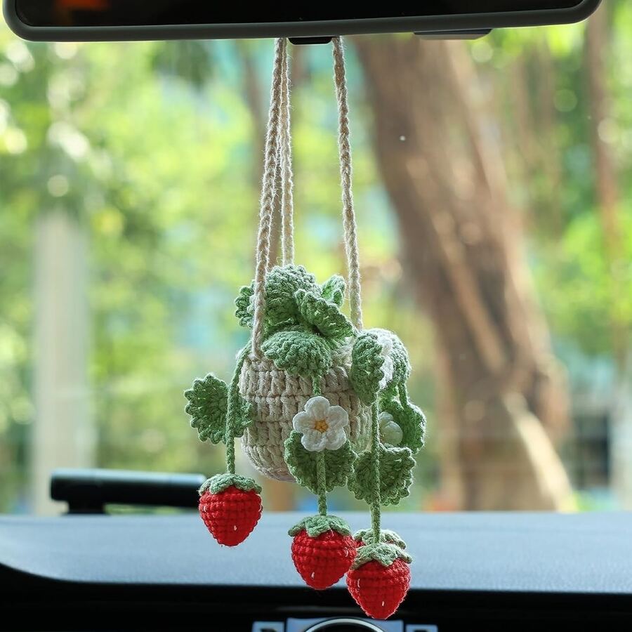 汽車後視鏡裝飾手工編織盆景飾品 - 紅色 - 查看 1