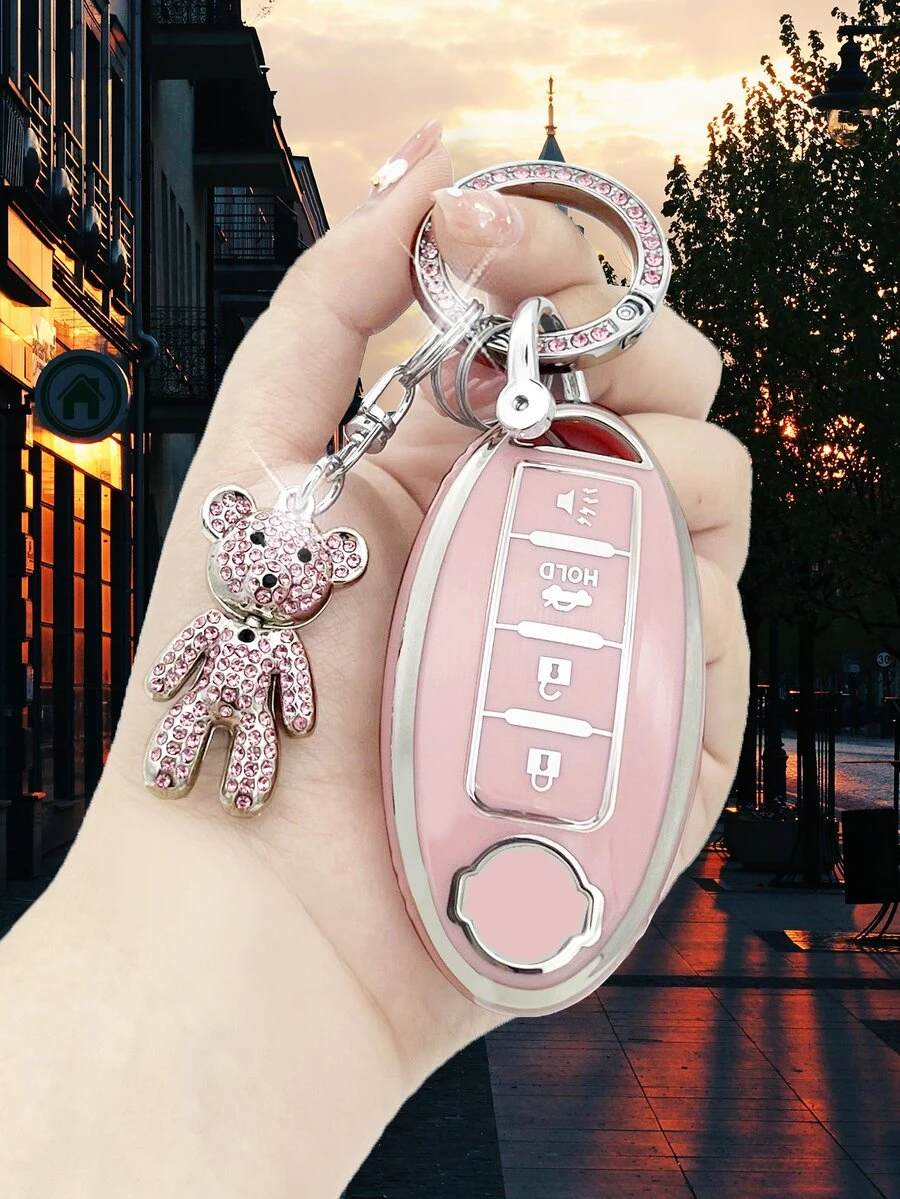 時尚女性鑰匙圈帶旋轉粉色的櫻花熊和水鑽+粉色的防摔鑰匙表袋（用鏈條或絲帶連接到馬甲懷錶）套適用於Nissan,獨有 - 粉色 - 查看 1