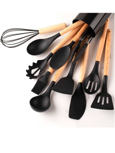 12 piezas de silicona utensilios de cocina Set con mango de madera con Cubo de almacenamiento