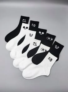 10 Pairs Black & White Funny Face Print Mid-calf Socks For Women, Spring & Autumn - Black and White - View 1