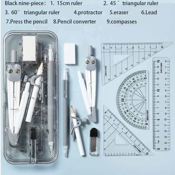 9 peças Conjunto de Ferramentas de Desenho para Estudantes, incluindo réguas, compassos, lápis e material escolar de aprendizado, itens essenciais de volta às aulas, presente criativo para Ação de Graças, Natal, Aniversário e decoração de Halloween