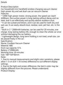 無線手持式汽車吸塵器-8000pa吸力,家用和汽車兩用,內置電池方便清潔 - 黑色 - 查看 8