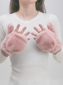 1 Cặp Găng tay hở ngón lật lông màu hồng cho nữ, lót ấm - Hồng - Xem 4