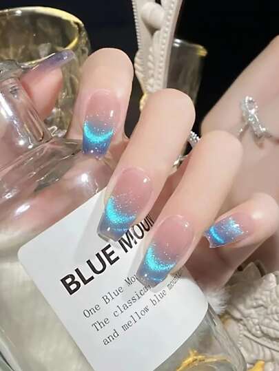 フレンチネイル 透明ブルー 24個入り キャットアイ効果付き パーティー/ダンス/デイリーに適する