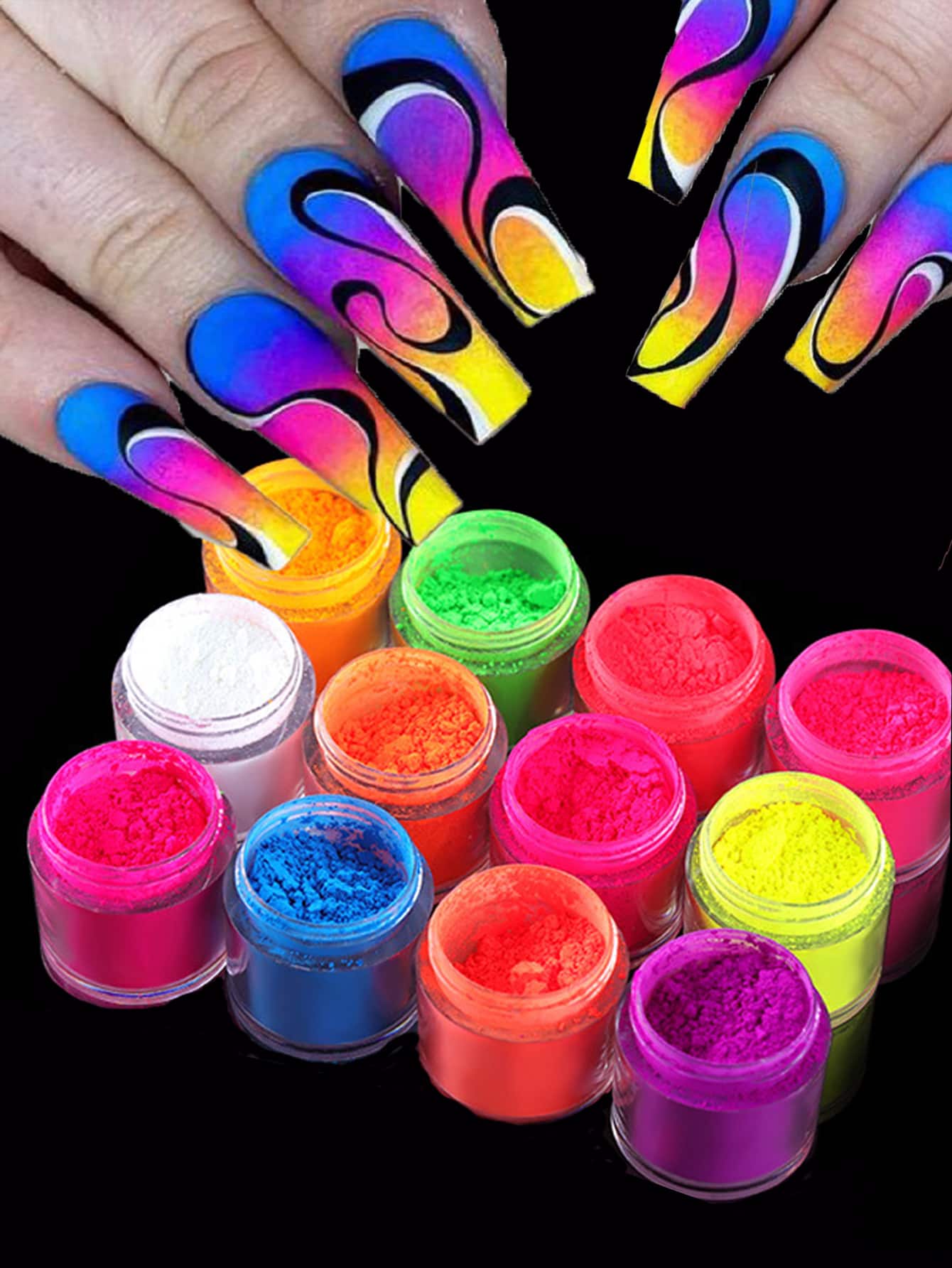 12Bottles/Set Neon Fluorescent Pigments Nail Powder Rainbow Gradient Nail Polish Glitter Spring Summer DIY Chrome Dust Manicure Decorations - Multicolor - View 1