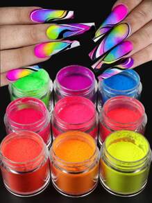 12Bottles/Set Neon Fluorescent Pigments Nail Powder Rainbow Gradient Nail Polish Glitter Spring Summer DIY Chrome Dust Manicure Decorations - Multicolor - View 2