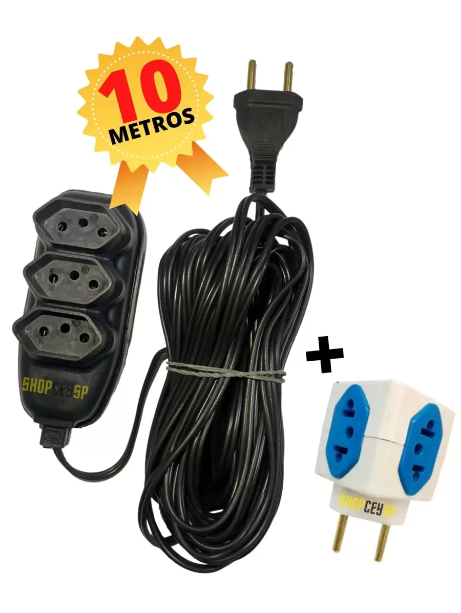 Extensão elétrica 10 Metros + 1 cubo adaptador Extensão de Energia 3 Tomadas KIT-09 - EXT 10M PRETA+CUBO KIT-09 - Visão 1