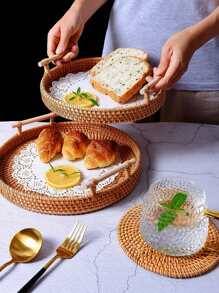 1入組藤託盤帶圓形餐飲支架盤子 - 薑色 - 查看 3