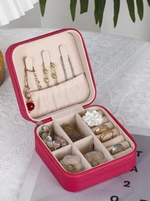 1pc Portable Travel Jewelry Organizer Storage Box For Earrings, Rings, Necklaces, Room Decor - Hot Pink - View 3